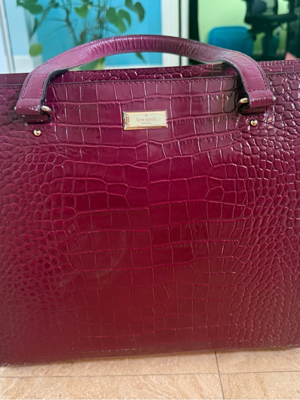 kate spade Croc-Embossed Deep Wine Tote minor scuffing see photos